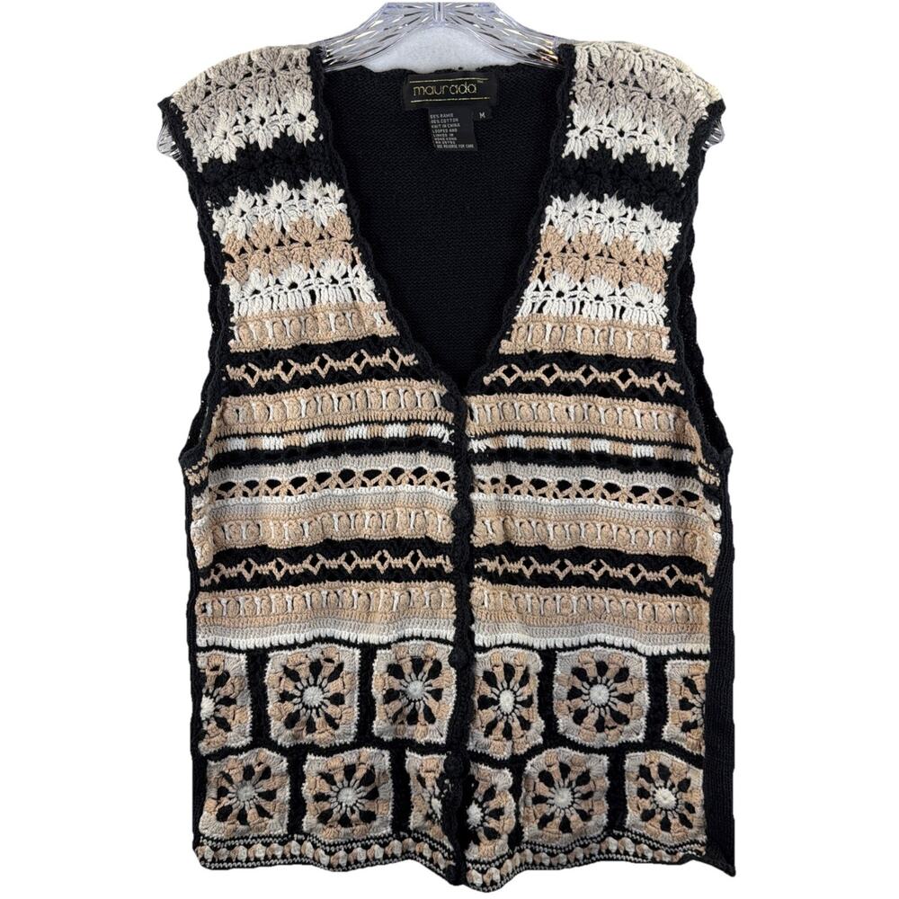 Womens Crochet Granny Square Open Front Sweater Vest Cottagecore Maurada Black